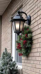 Canvas Print - A beautifully arranged Christmas wreath with red berries is gracefully wrapped around a black lantern, enhancing the festive atmosphere on a brick house wall