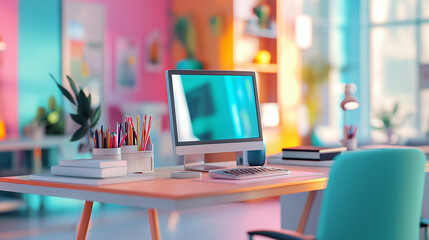 a computer desk with a monitor, keyboard, and mouse. the desk is in a brightly lit room with colorfu