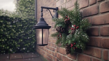 Sticker - A beautifully arranged Christmas wreath with red berries is gracefully wrapped around a black lantern, enhancing the festive atmosphere on a brick house wall