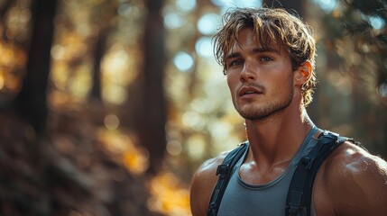 A young man takes a break while hiking through a vibrant forest filled with autumn colors during a sunny afternoon