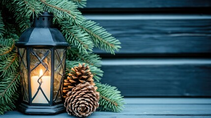 Sticker - A warm and inviting display of a vintage lantern glowing brightly, nestled among pine cones and evergreen branches on a wooden table outside an old cabin