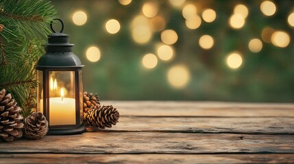 Wall Mural - A warm and inviting display of a vintage lantern glowing brightly, nestled among pine cones and evergreen branches on a wooden table outside an old cabin