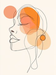 Canvas Print - A graceful outline of a woman's head showcases tranquility, paired with soft orange circles enhancing her serene expression