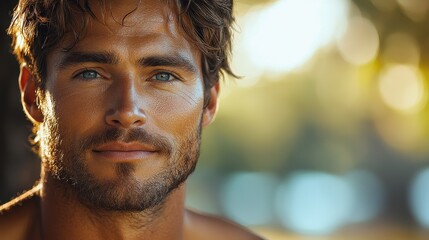 Close-up of a smiling man with tousled hair enjoying a sunny day outdoors, surrounded by natural light and soft bokeh effects