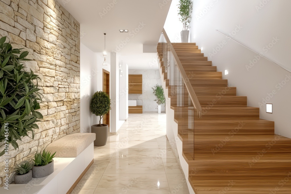 high-definition view of a modern entrance hall with wooden stairs ...