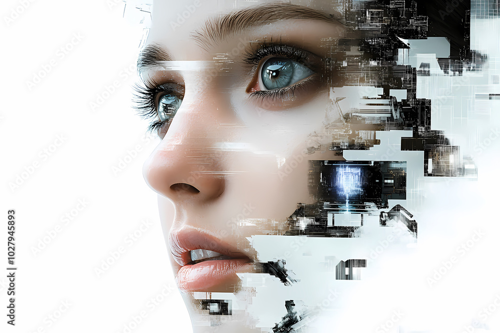 Abstract digital collage of a female face with eyes and cyberpunk ...
