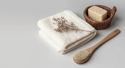 Wall Mural - Soft towels, natural soap, and a wooden brush arranged aesthetically on a light surface with dried flowers nearby