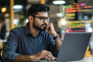 focused man working on laptop in office