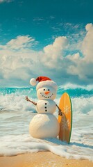 Festive snowman with Santa hat and surfboard enjoys tropical beach vacation, contrasting winter and summer themes against turquoise ocean and fluffy clouds.