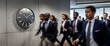 © Qbertstudio - Busy professionals walking in modern office environment, emphasizing urgency, teamwork, and business dynamics in corporate setting.