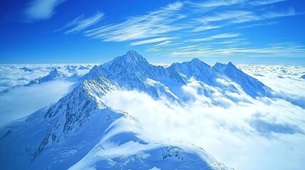 Wall Mural -   A blue sky with wispy clouds covers a mountain range in snow, with wispy clouds in the foreground