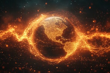 Wall Mural - Earth surrounded by flames and energy, highlighting climate change and vibrant illumination