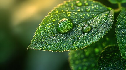 Wall Mural - a green leaf with water droplets on top in focus, surrounded by a blurred background