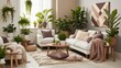 © Ahsan - living room interior, Stylish modern living room interiors with neutral tones, cozy furniture, green plants, and minimal decor—ideal for home decor inspiration, real estate, and interior design projec