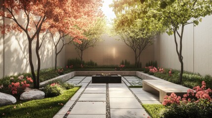 A serene courtyard features a minimalist stone pathway surrounded by vibrant trees and flowers, creating a peaceful ambiance perfect for reflection and relaxation.