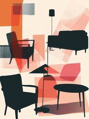 Poster - Various silhouettes of furniture, including an armchair, table, and lamp, create a stylish composition against a light backdrop. Generative AI