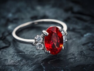 An exquisite ring featuring a striking red gemstone center flanked by sparkling diamonds, set on a sleek silver band, perfect for elegance and style enthusiasts.