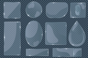 Aufkleber - Transparent glass mega set elements in flat graphic design. Collection objects of square, round, rectangle and other shapes of shining glass or plastic templates with reflection. Vector illustration.