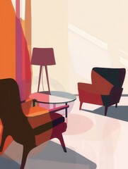 Poster - A warm ambiance is created by silhouettes of modern furniture, featuring an armchair, table, and lamp against a gentle gradient background. Generative AI
