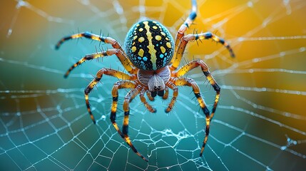 Wall Mural - close-up of a spider with yellow, blue, yellow, and black stripes on its back
