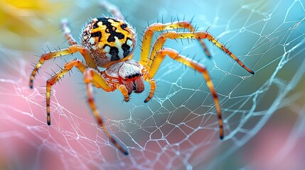 Wall Mural - a close-up shot of a yellow and black spider on a cobweb with a slightly blurred background