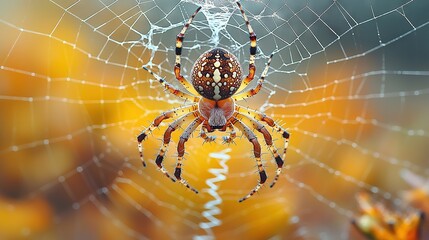 Wall Mural - spider close-up on web in center of web with blurry background