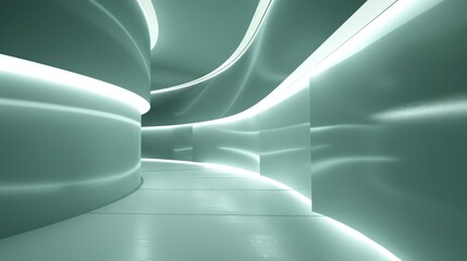 Empty futuristic corridor with curved walls and green lighting is ideal for backgrounds and wallpapers