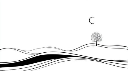 Canvas Print -   Black and white drawing of a solitary tree on a hill with a moon in the sky and a wave in the foreground