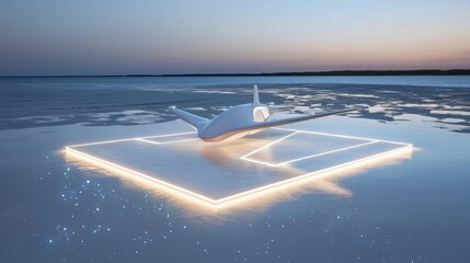 Poster - Futuristic Aircraft on Tranquil Water Surface at Sunset