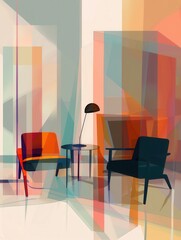 Poster - Various silhouettes of furniture including an armchair, lamp, and table are positioned against a light gradient backdrop, creating a modern aesthetic. Generative AI
