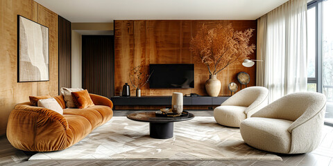 Minimalist interior design of modern stylish living room featuring a velvet orange sofa, two beige armchairs, minimalist decor, and neutral accents with soft natural light.