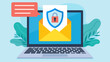 © Animation_vector - This illustration shows a laptop displaying an email with a shield and padlock symbol, representing secure communication. A speech bubble appears next to it, and green leaves decorate the background.