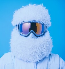 The individual showcases a creative winter outfit featuring a fluffy beard and goggles, set against a vibrant blue backdrop