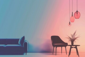 Silhouettes of contemporary furniture, featuring an armchair, table, and lamp, create a tranquil atmosphere on a gradient backdrop. Generative AI