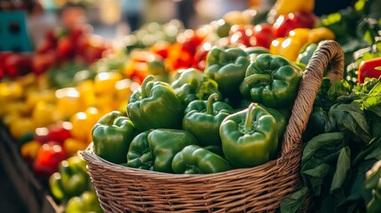 At the market, a basket filled with freshly cut green bell peppers. Their beautiful skin is accentuated by the brilliant sun. The green peppers are colored with a few unripe red and yellow peppers.