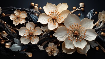 Wall Mural - abstract black and gold and white floral pattern background