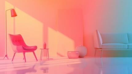 Poster - Stylish silhouettes of an armchair, table, and lamp create a striking visual against a light gradient backdrop in a tranquil environment. Generative AI