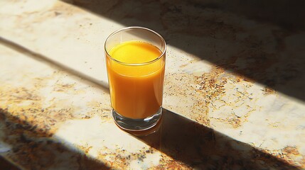 Wall Mural -   An orange juice glass sits on a kitchen counter with a hand shadow nearby