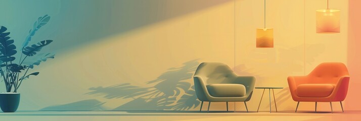 Poster - Silhouettes of contemporary armchairs, a table, and stylish lamps illuminated by soft light on a soothing gradient backdrop create a serene ambiance. Generative AI