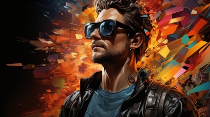 Wall Mural - abstract bright man in glasses on black background with colorful geometric shapes representing concept of virtual reality