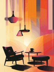 Poster - Silhouettes of stylish furniture pieces create a warm atmosphere in a bright gradient setting, inviting relaxation and comfort. Generative AI