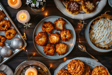 Traditional Hanukkah Food Banquet with Latkes, Sufganiyot, and Fritters on a Festive Table Celebrating Jewish Culture and Religion