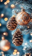 Close-up of a Christmas tree adorned with sparkly ornaments and pine cones.