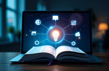 a digital book icon displayed on a computer screen with other education and technology icons, set ag