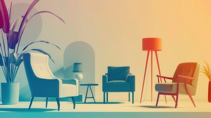 Wall Mural - Various silhouettes of furniture pieces, including armchairs, a lamp, and a table, create a stylish atmosphere with a vibrant gradient background. Generative AI