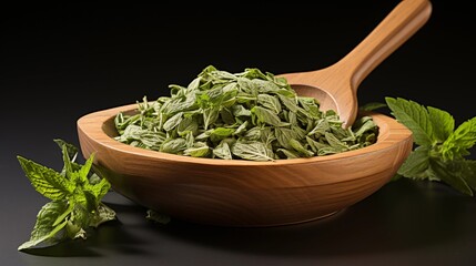 Wall Mural - Aromatic dried tea leaves in wooden spoon with fresh green leaves