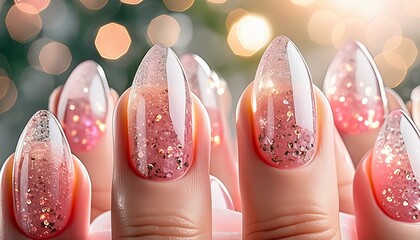 Fantasy nails. Sparkling, shiny pink nails. Nail art design embodies elegance with imaginative nail creations. A female hand showcases long nails, manicured with gel polish.