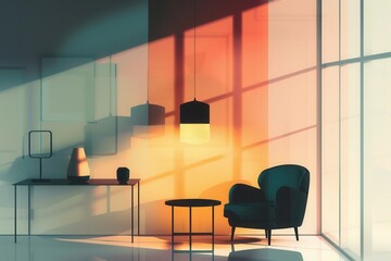 Poster - Various furniture silhouettes create an inviting ambiance with soft lighting and a gentle gradient backdrop that enhances the space. Generative AI