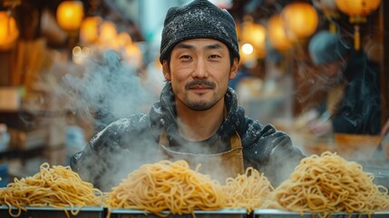 A vendor making fresh noodles at a street market in China