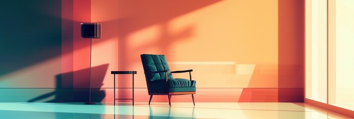 Wall Mural - Various silhouettes of an armchair, table, and lamp create a striking visual on a light gradient backdrop, enhancing modern interior design. Generative AI